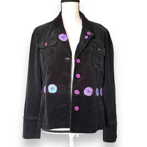 Reworked Embellished Corduroy Jacket Sz S/M Black Purple Flowers Doll People - Picture 3 of 13